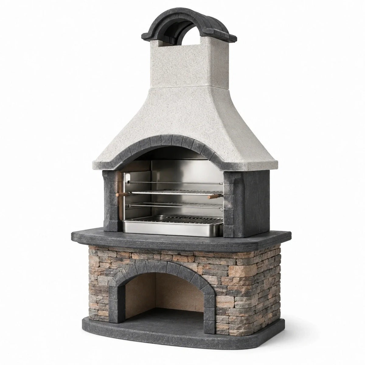 Barbecue de jardin en béton et pierre avec cheminée et grilles réglables, 120 × 70 × 215 cm, gris et beige - 2026
