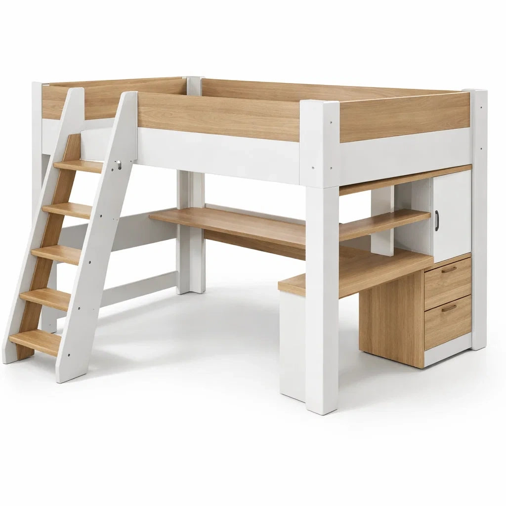 Lit mezzanine en mdf et chêne blanc avec bureau intégré - 2026
