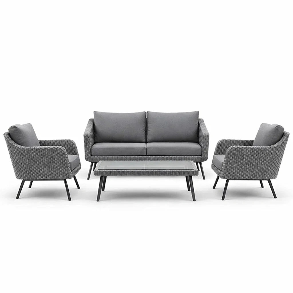 Ensemble de salon de jardin en résine tressée et aluminium avec coussins gris et table basse en verre - 2026