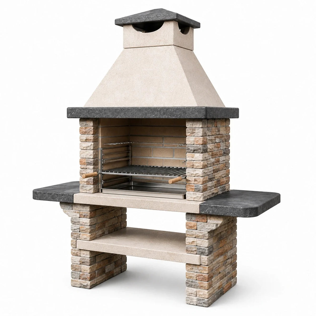 Barbecue de jardin en maçonnerie beige, anthracite et marron 160 × 70 × 215 cm avec grille réglable et plans latéraux - 2026