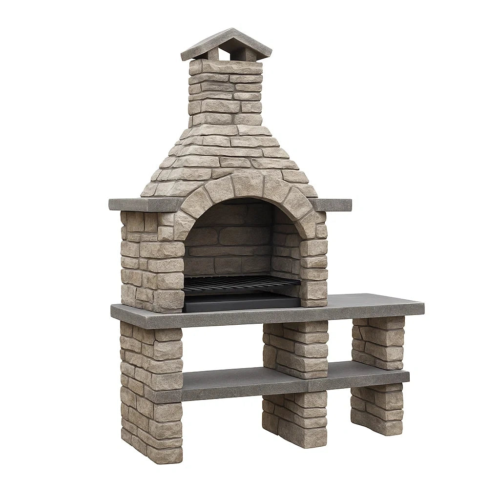 Barbecue en pierre en pierre reconstituée avec cheminée, beige, 200x130x65 cm - 2026