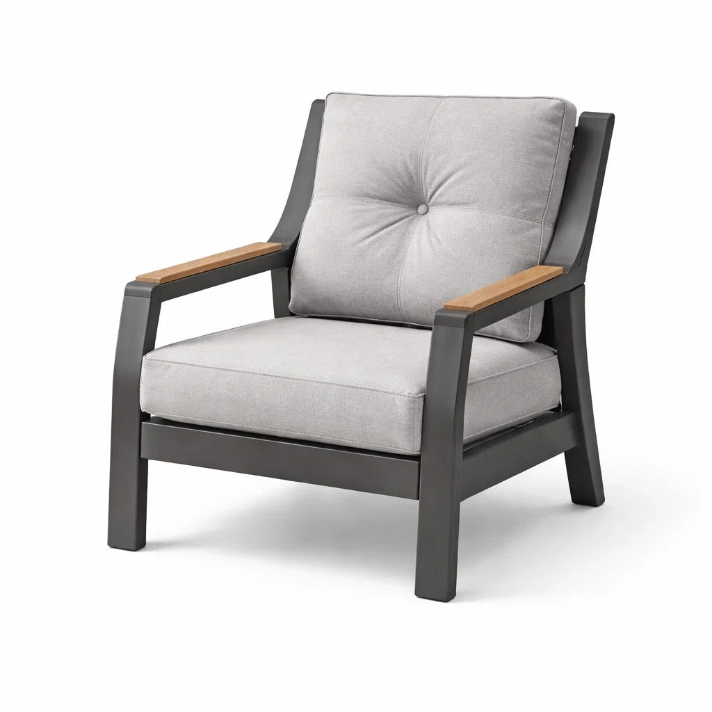 Fauteuil d'extérieur en aluminium avec accoudoirs en bois et coussins gris clair - 2026