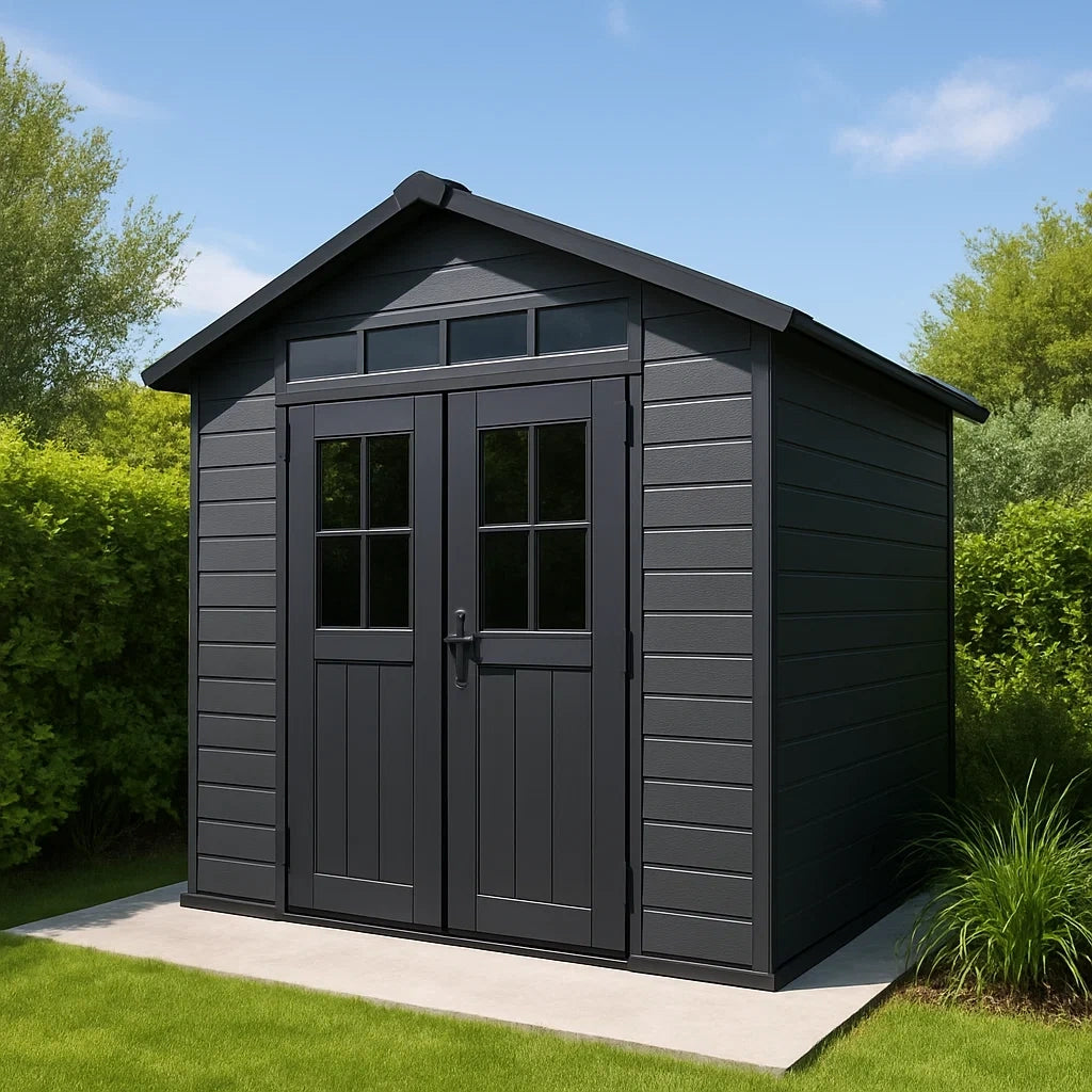 Abri de jardin en résine 214x150x226 cm anthracite double porte avec fenêtres - 2026