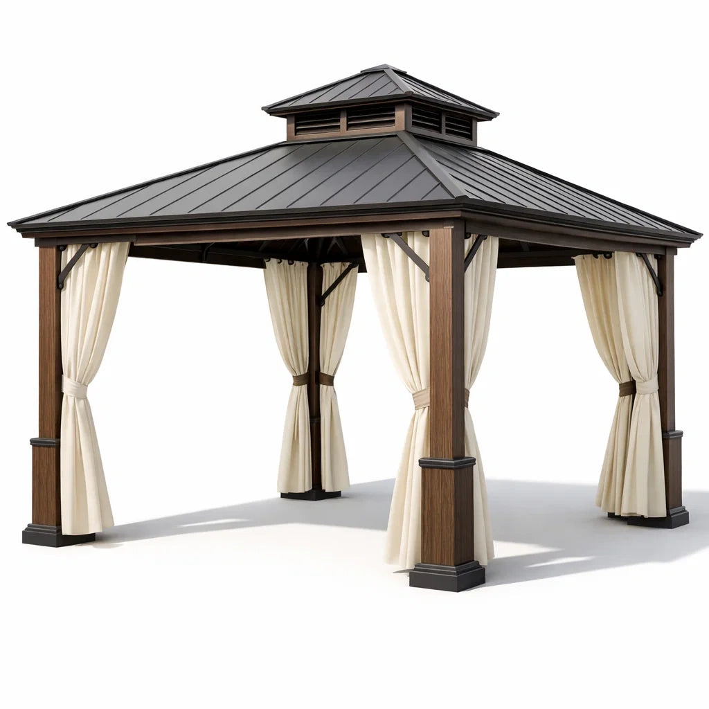 Pavillon de jardin en aluminium avec toit en acier et rideaux en polyester 3x3 m - 2026