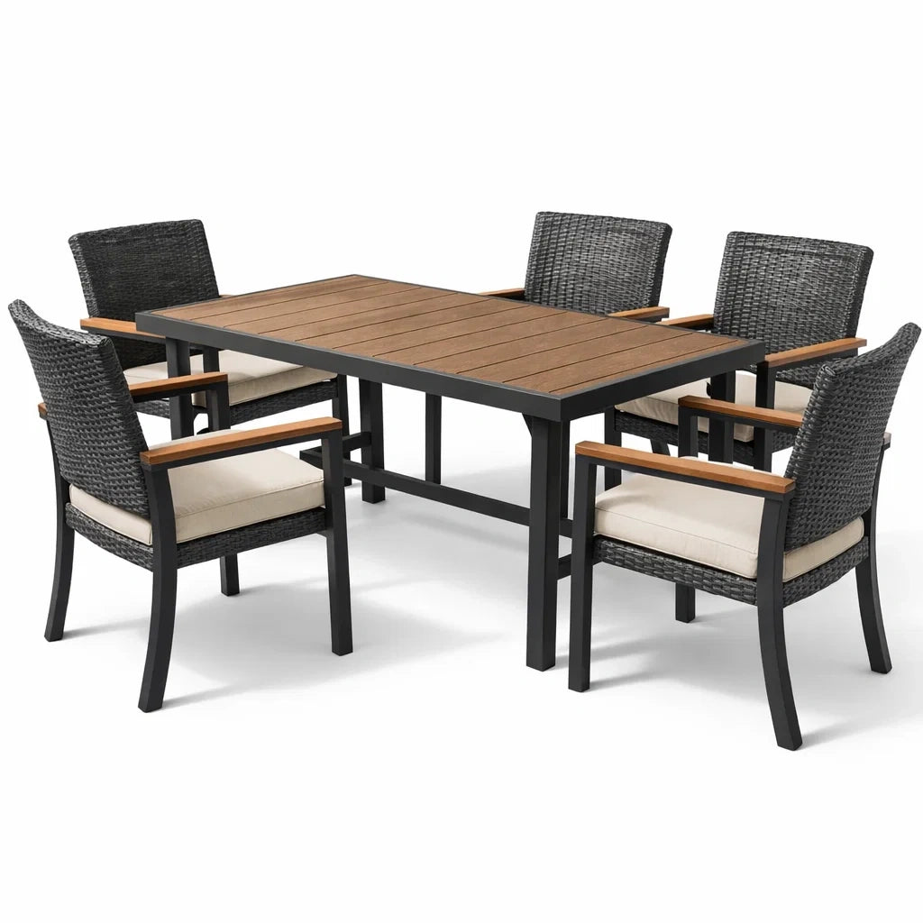 Ensemble table et chaises en acier bois et résine tressée 5 pièces - 2026