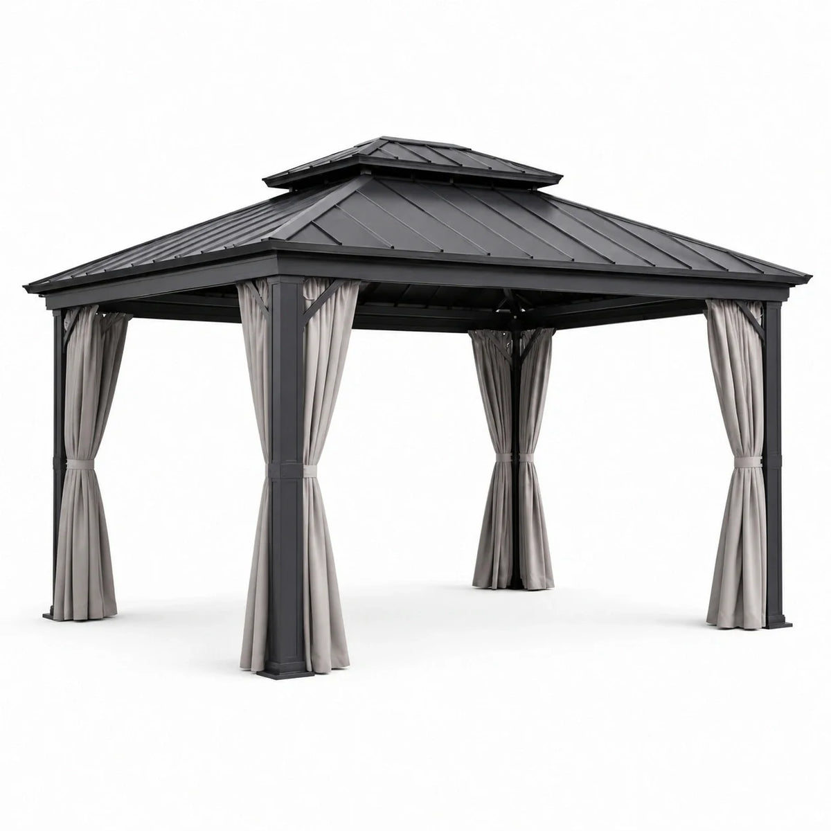 Pavillon de jardin en aluminium avec rideaux en polyester gris et beige - 2026