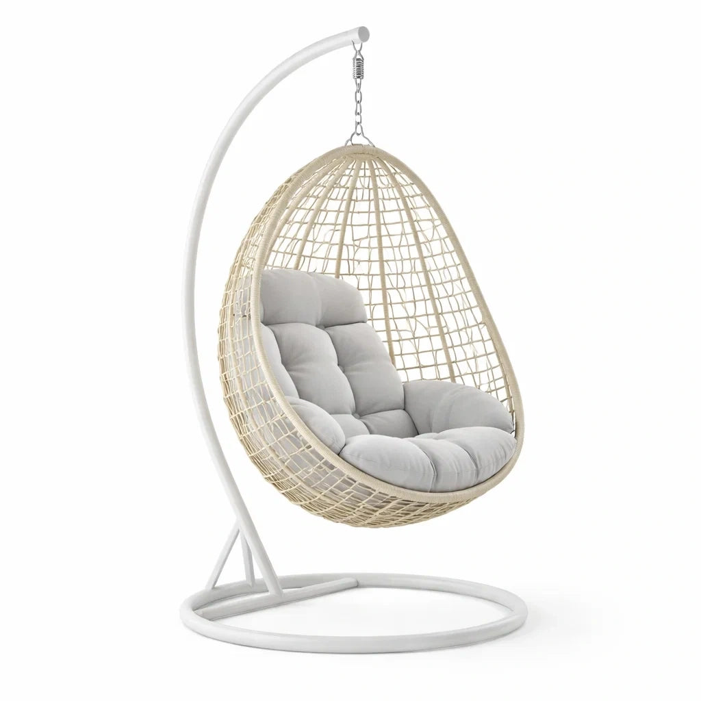 Fauteuil suspendu œuf avec support en rotin synthétique avec coussin gris - 2026