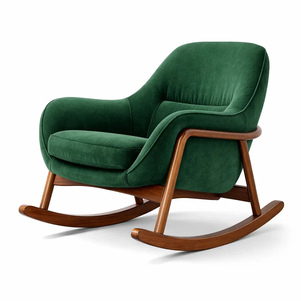 Fauteuil à bascule d’intérieur en bois avec revêtement en velours vert - 2026