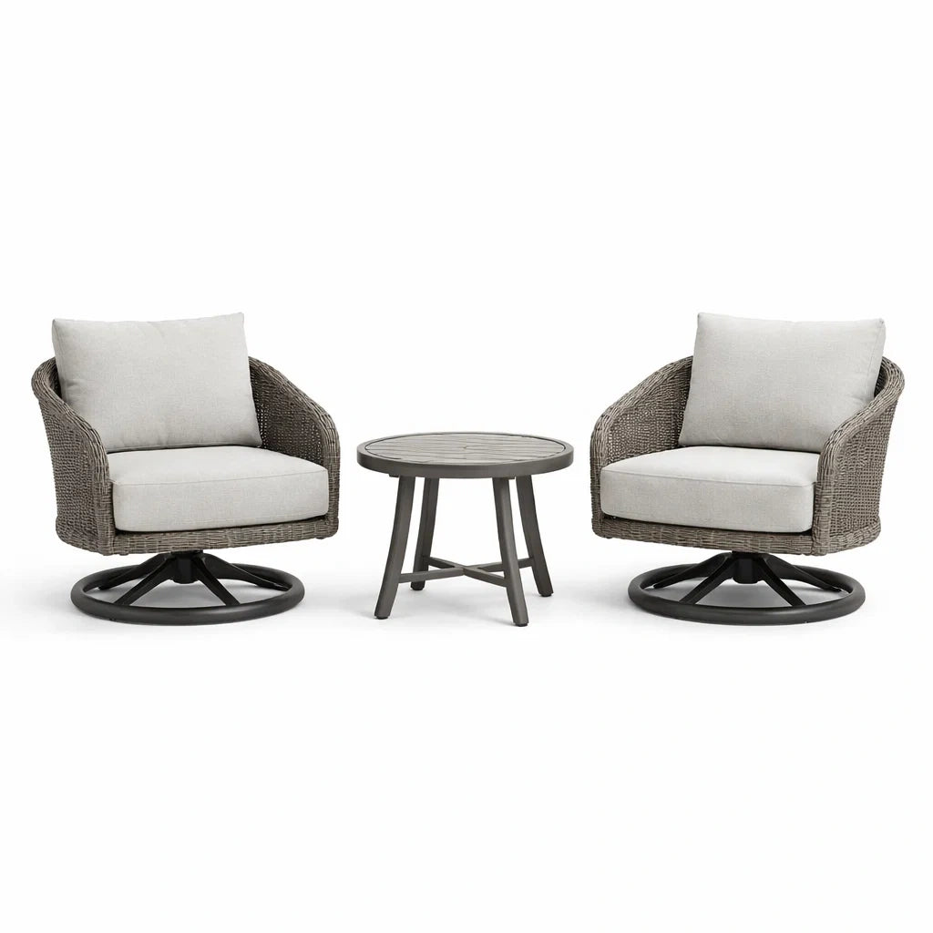 Ensemble de détente salon extérieur pivotant en rotin synthétique gris et coussins en polyester blanc - 2026