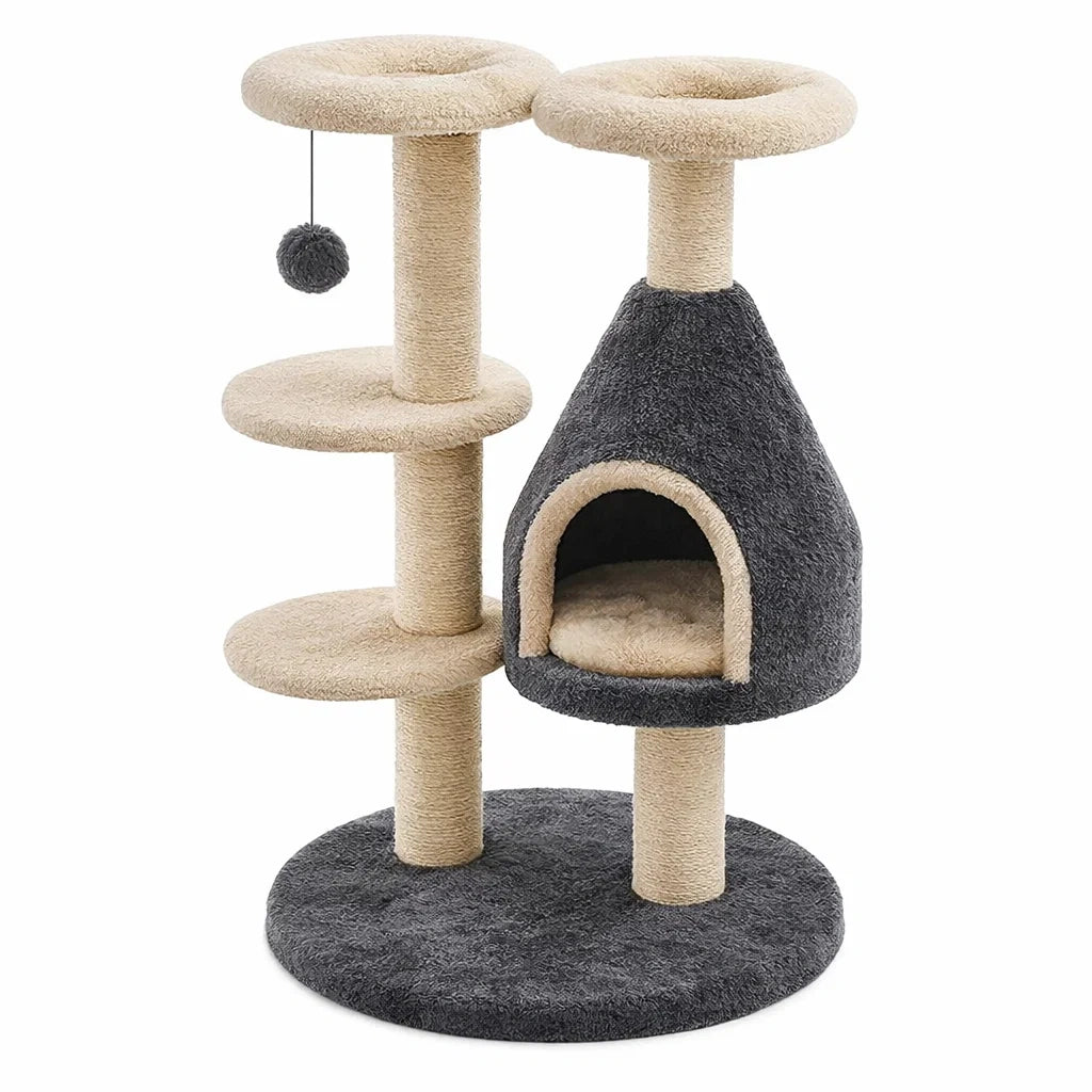 Arbre à chat en sisal beige et gris avec niche et jouet - 2026