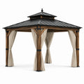 Pavillon en bois avec toit en acier et rideaux en polyester brun et beige - 2026