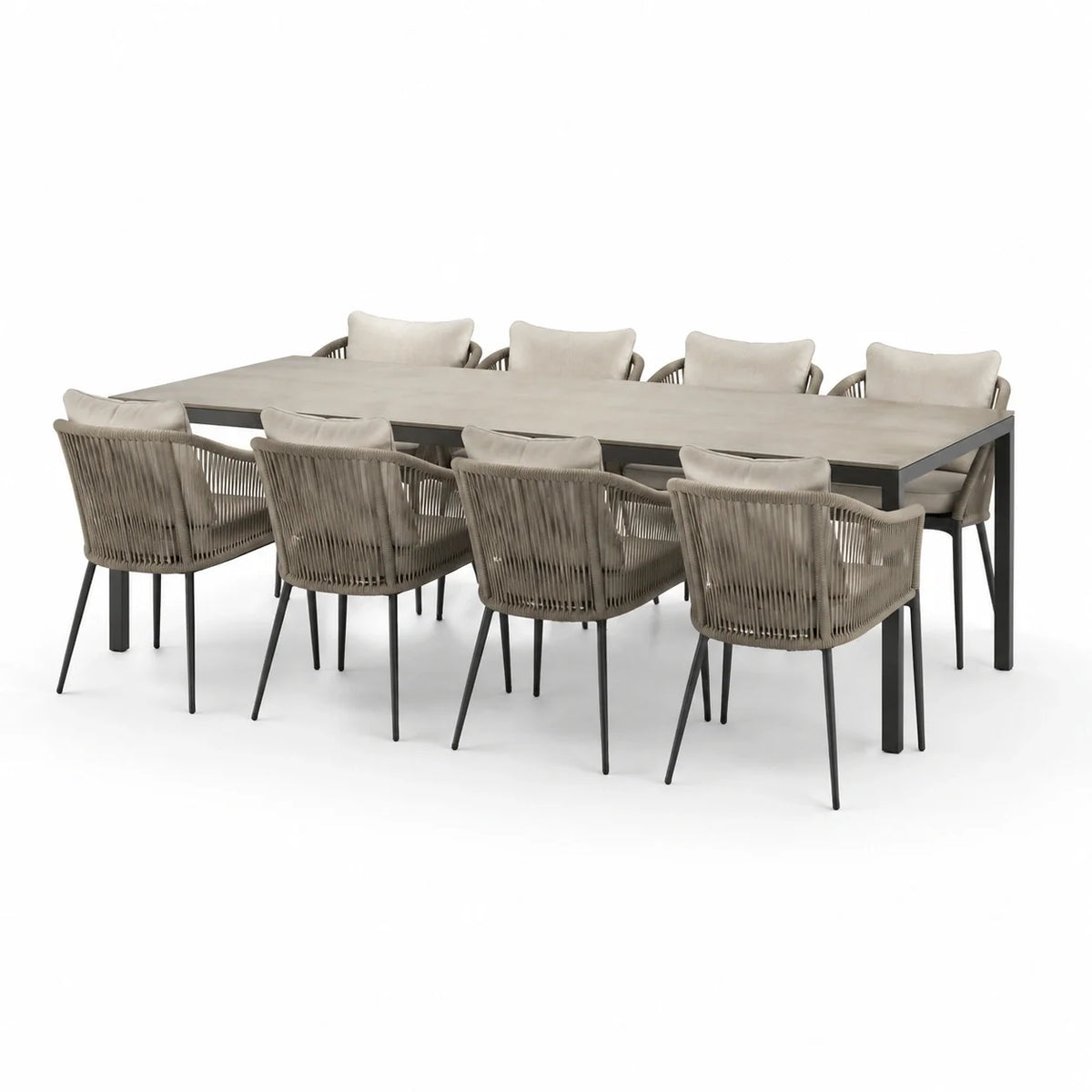 Ensemble de salle à manger extérieure en aluminium avec table et chaises en corde beige - 2026