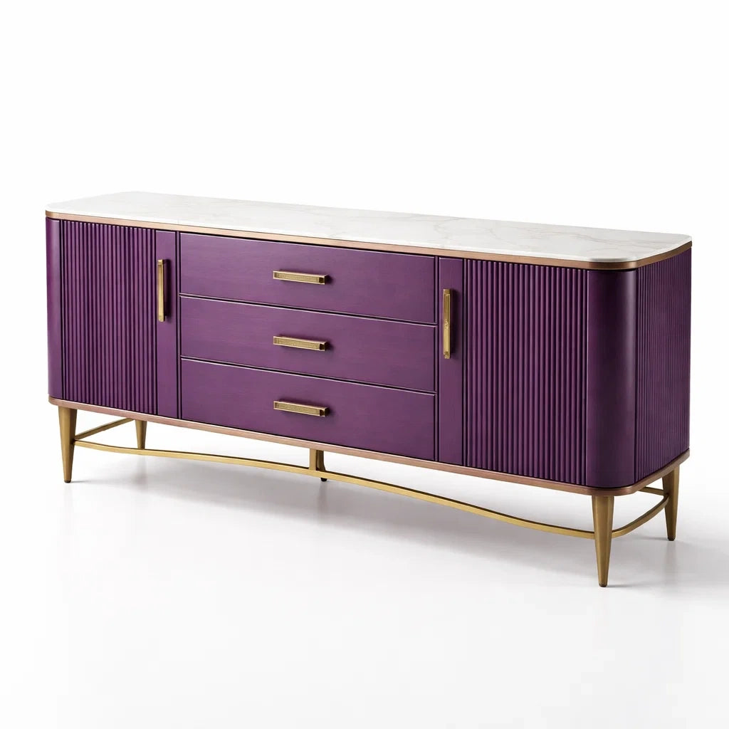 Buffet en bois avec plateau en marbre et pieds métalliques violets - 2026