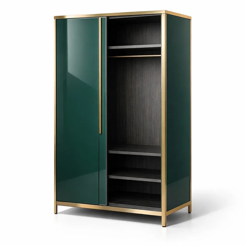 Armoire en bois avec cadre métallique doré et portes vertes - 2026