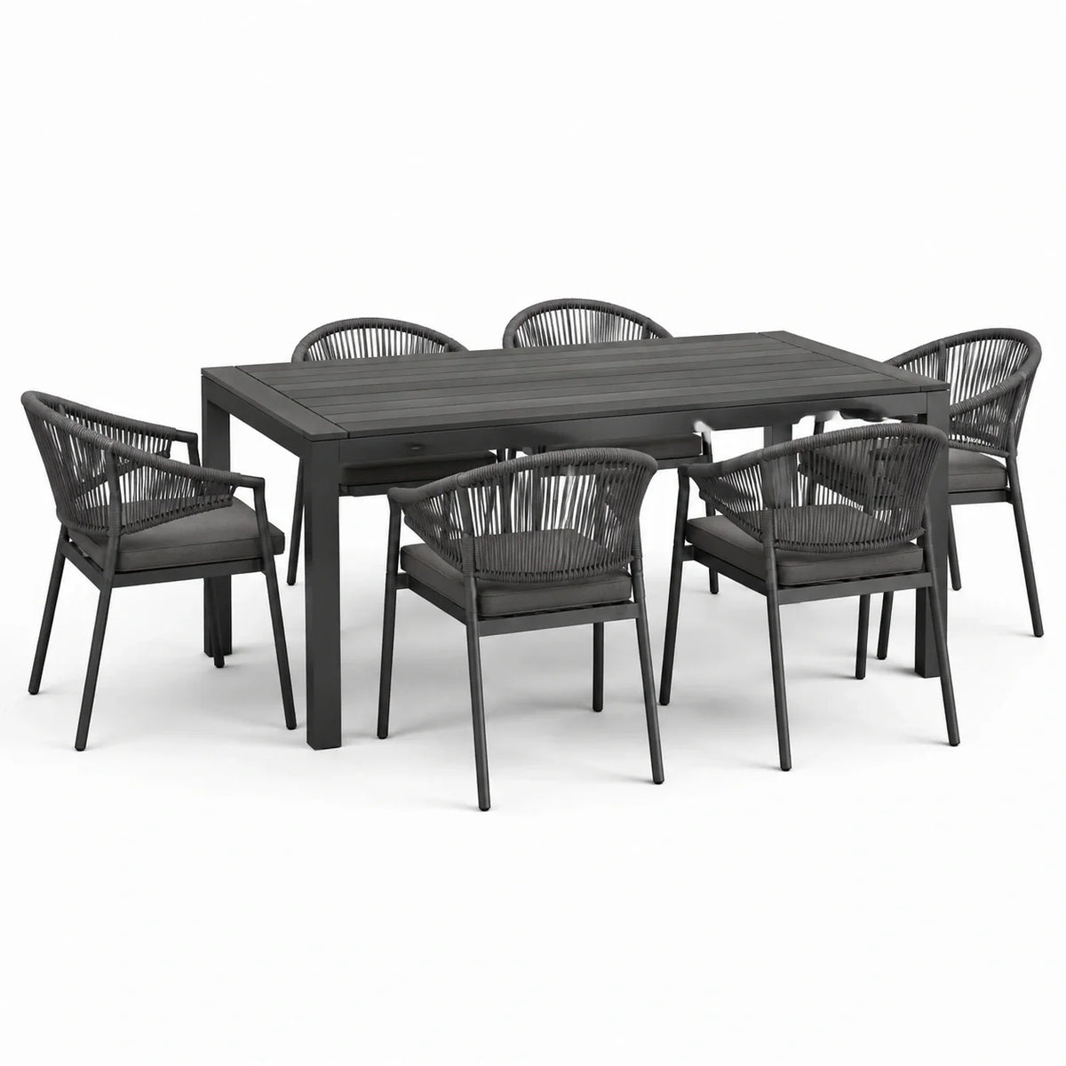 Ensemble de repas extérieur en aluminium avec 6 chaises en corde tressée, 180 cm, gris foncé - 2026