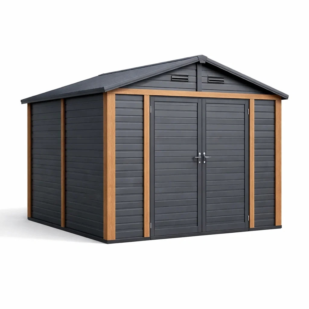 Abri de jardin en composite gris et bois 262x331x252 cm - 2026