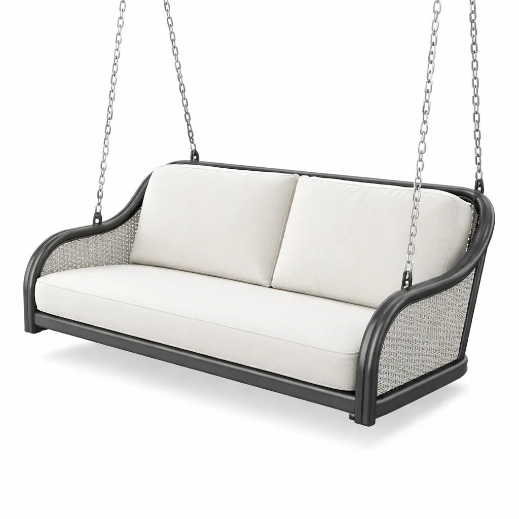 Balancelle de porche type canapé suspendu en aluminium et résine avec coussins en polyester beige - 2026