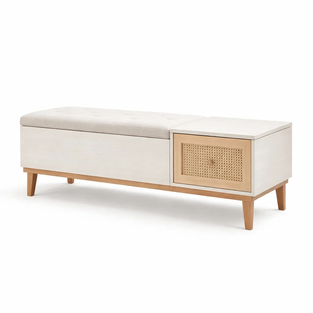 Banc de rangement en bois avec coussin en polyester et tiroir en rotin - 2026