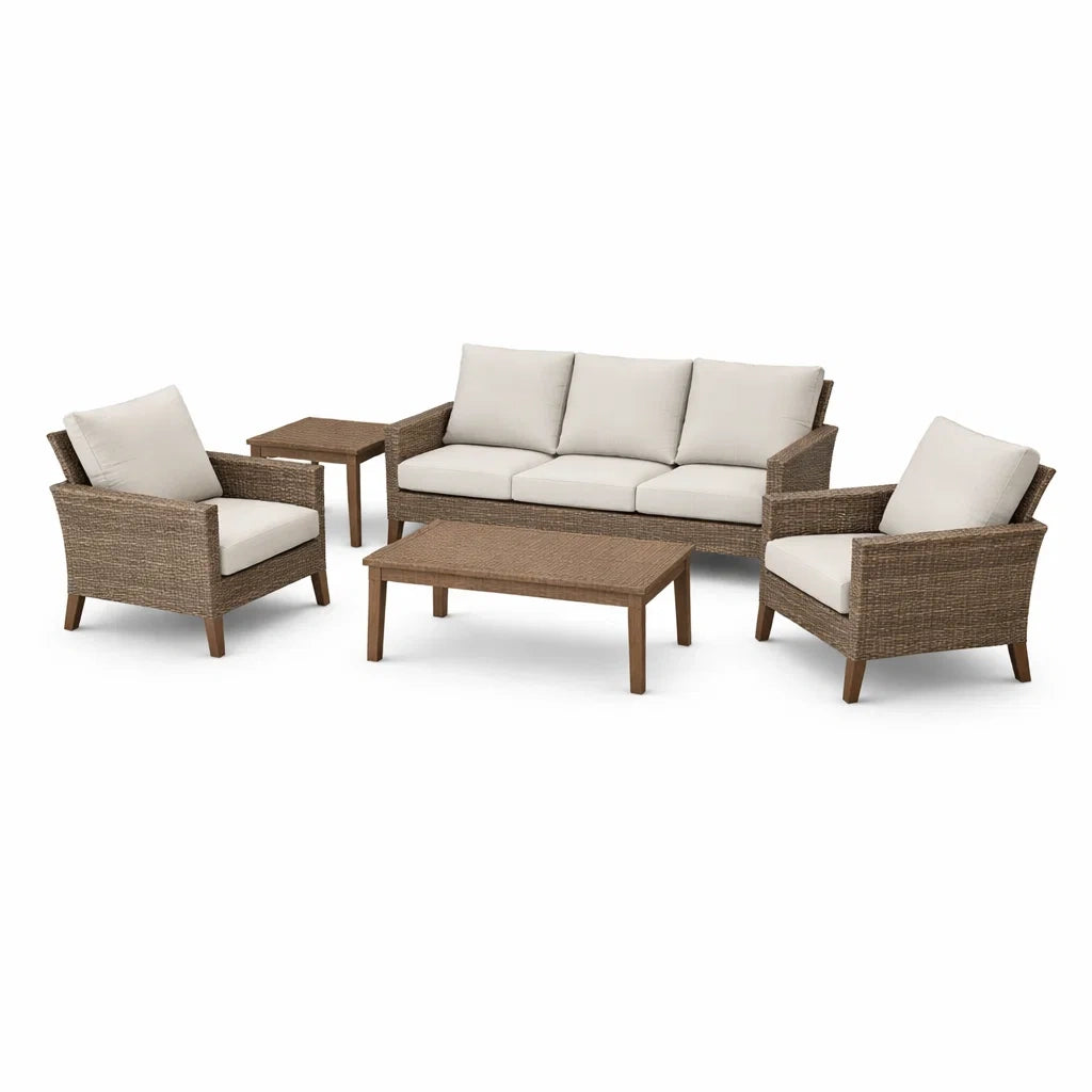 Ensemble de canapés de jardin en rotin et bois avec coussins beige - 2026