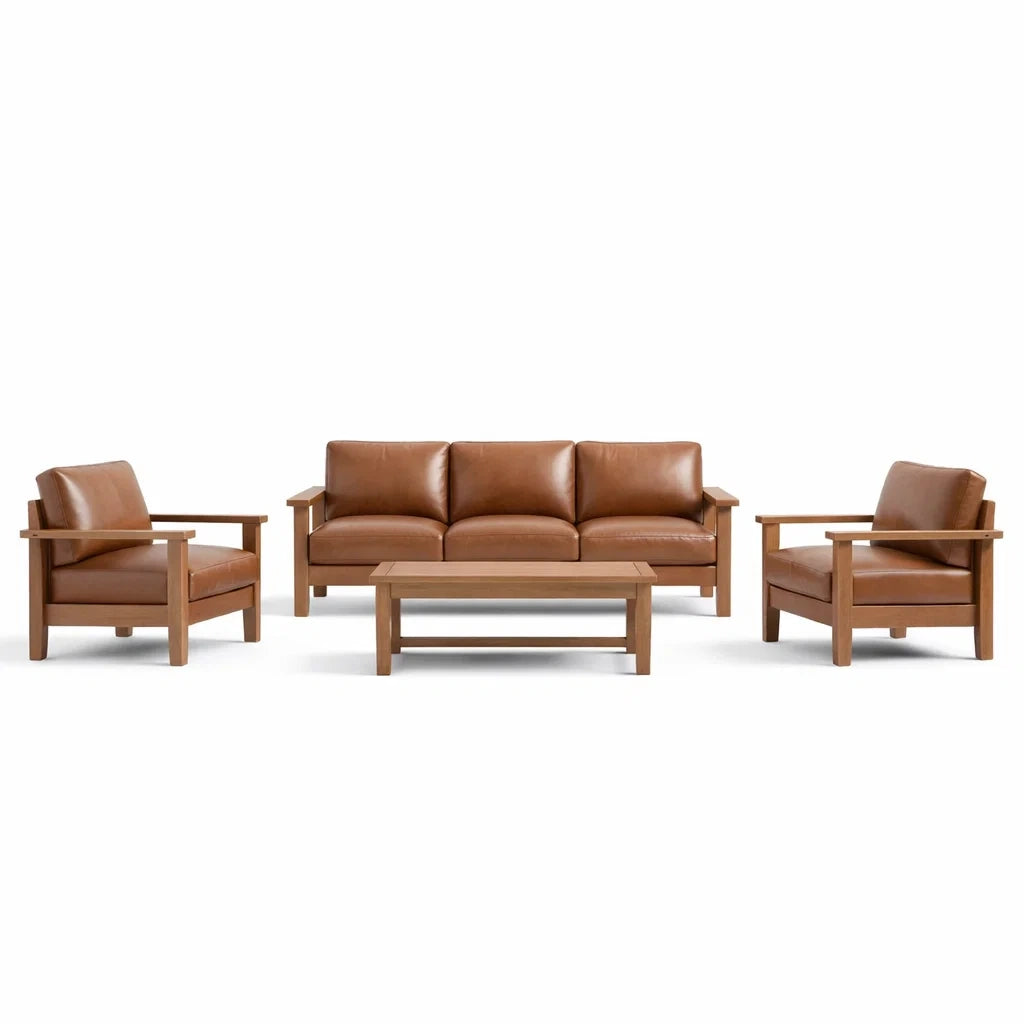 Ensemble de salon en cuir et bois massif marron - 2026