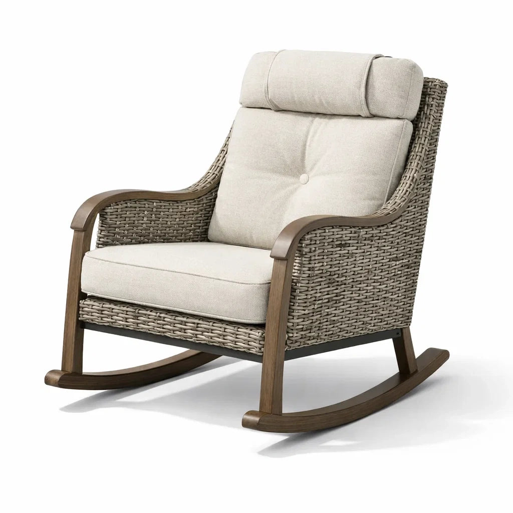 Fauteuil à bascule de terrasse en résine avec coussin beige - 2026