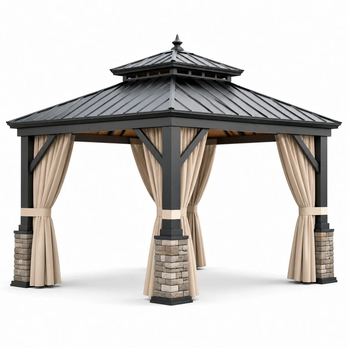 Pavillon en métal avec rideaux en polyester beige et piliers en pierre 300x300 cm - 2026