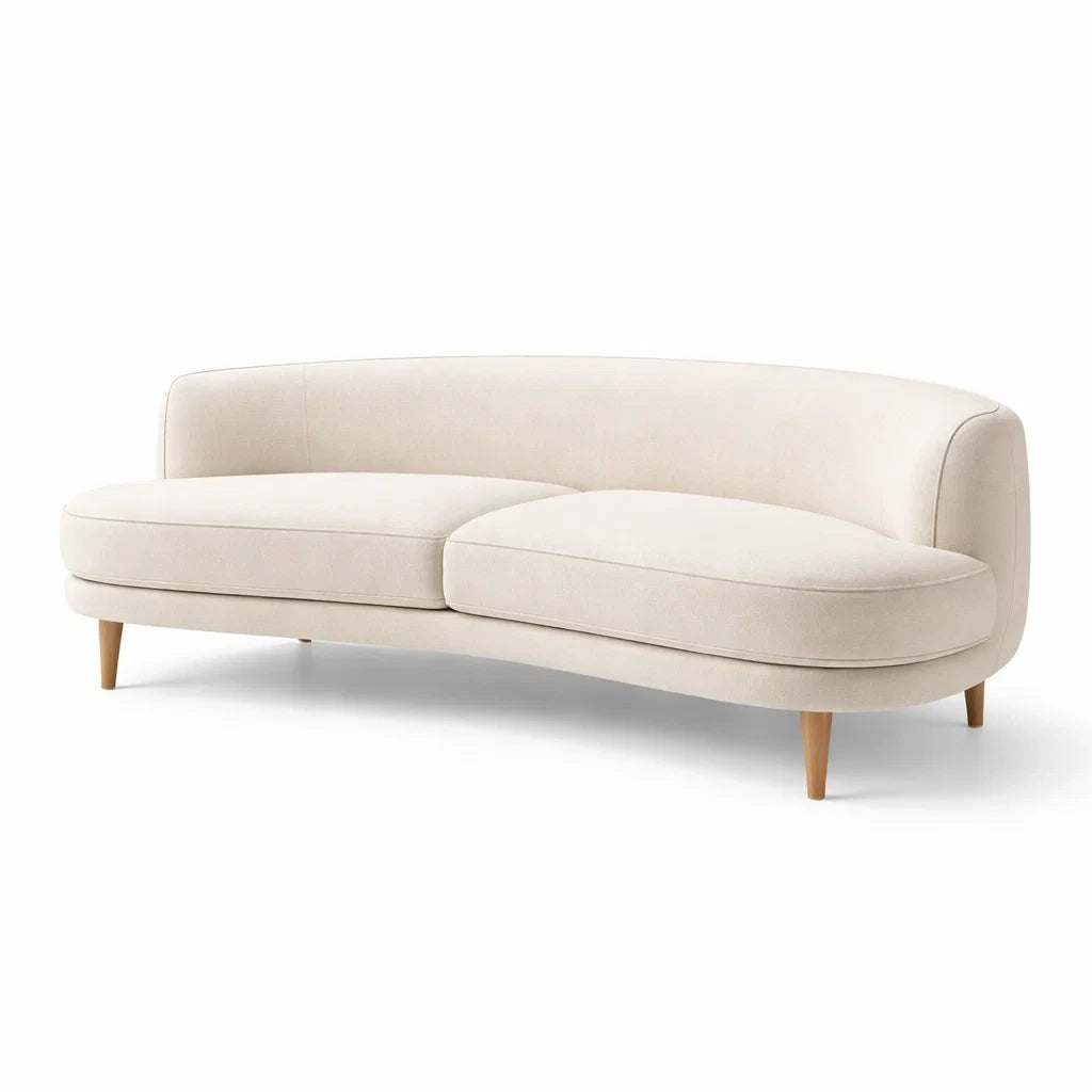 Canapé courbé en tissu polyester crème avec pieds en bois - 2026