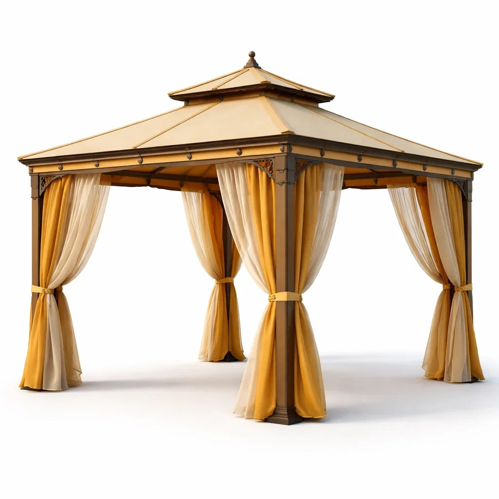 Pavillon de jardin en métal avec rideaux en polyester beige et marron - 2026