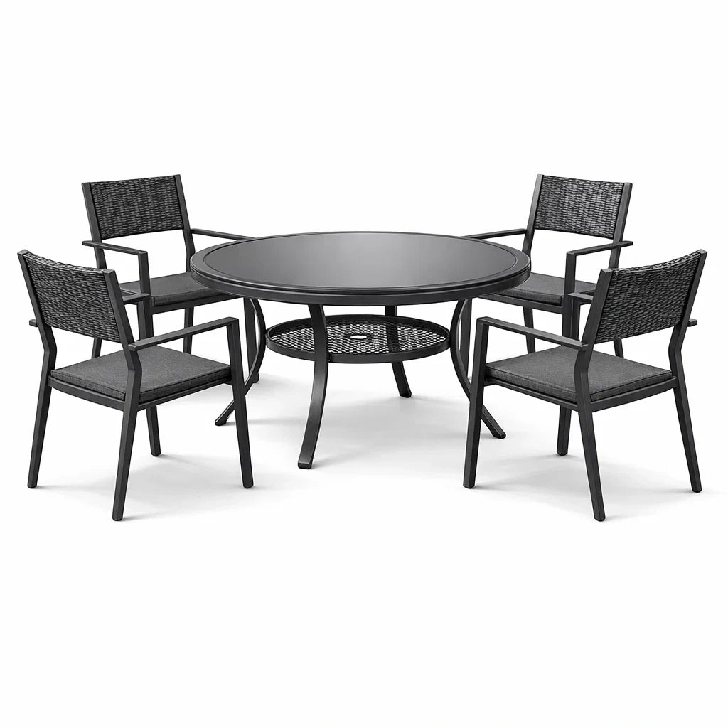 Ensemble de table et chaises extérieur 5 pièces avec table ronde en aluminium et verre noir - 2026
