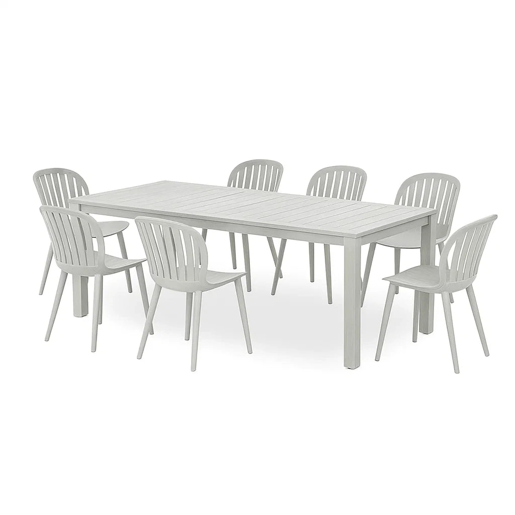Ensemble table et chaises de terrasse avec 7 chaises en plastique gris. - 2026