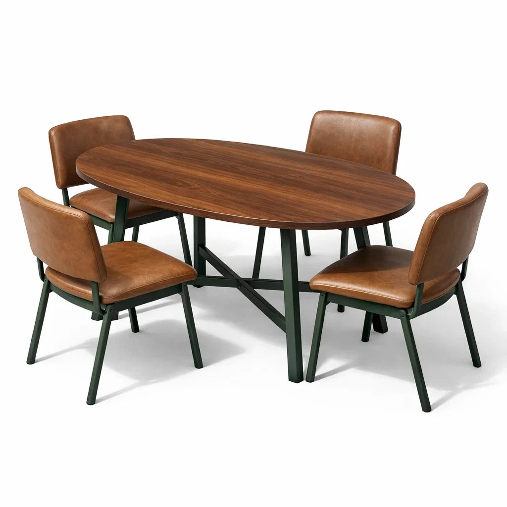 Ensemble table et chaises avec table ovale en bois et métal et 4 chaises en cuir synthétique marron - 2026