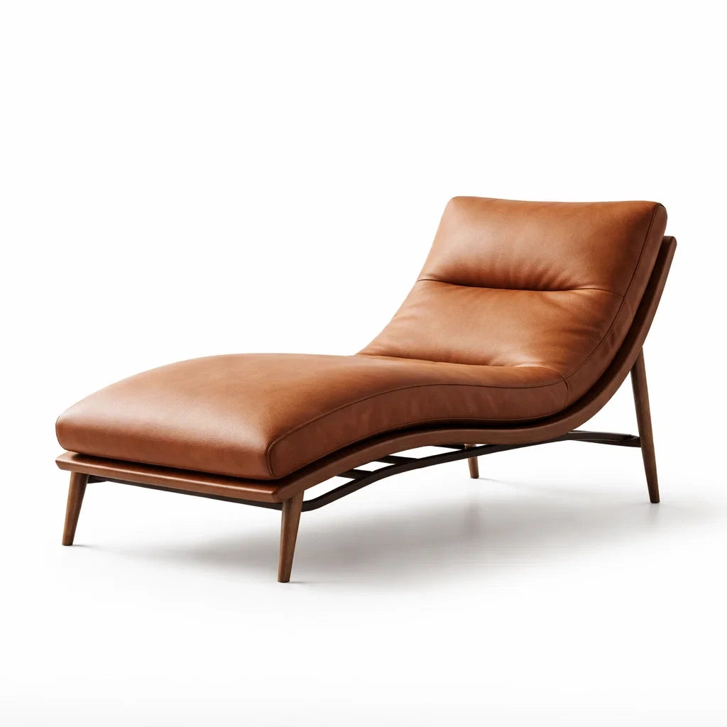 Chaise longue en cuir marron avec structure en bois - 2026