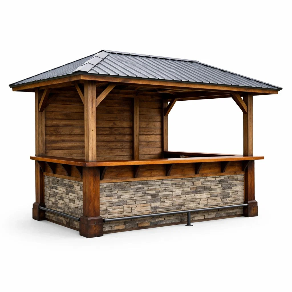 Kiosque bar de jardin en bois avec toit en métal et pierre naturelle - 2026
