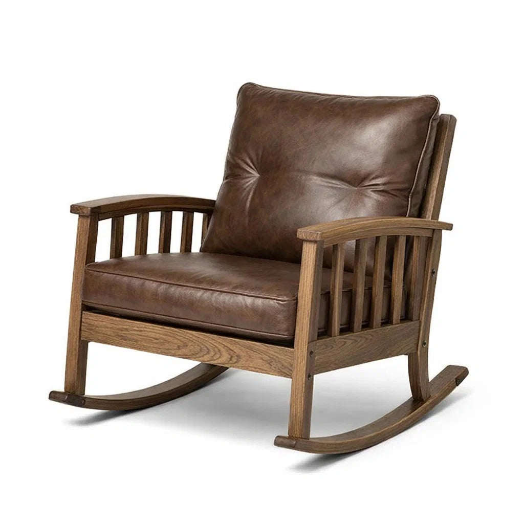 Fauteuil à bascule en bois et cuir synthétique marron - 2026