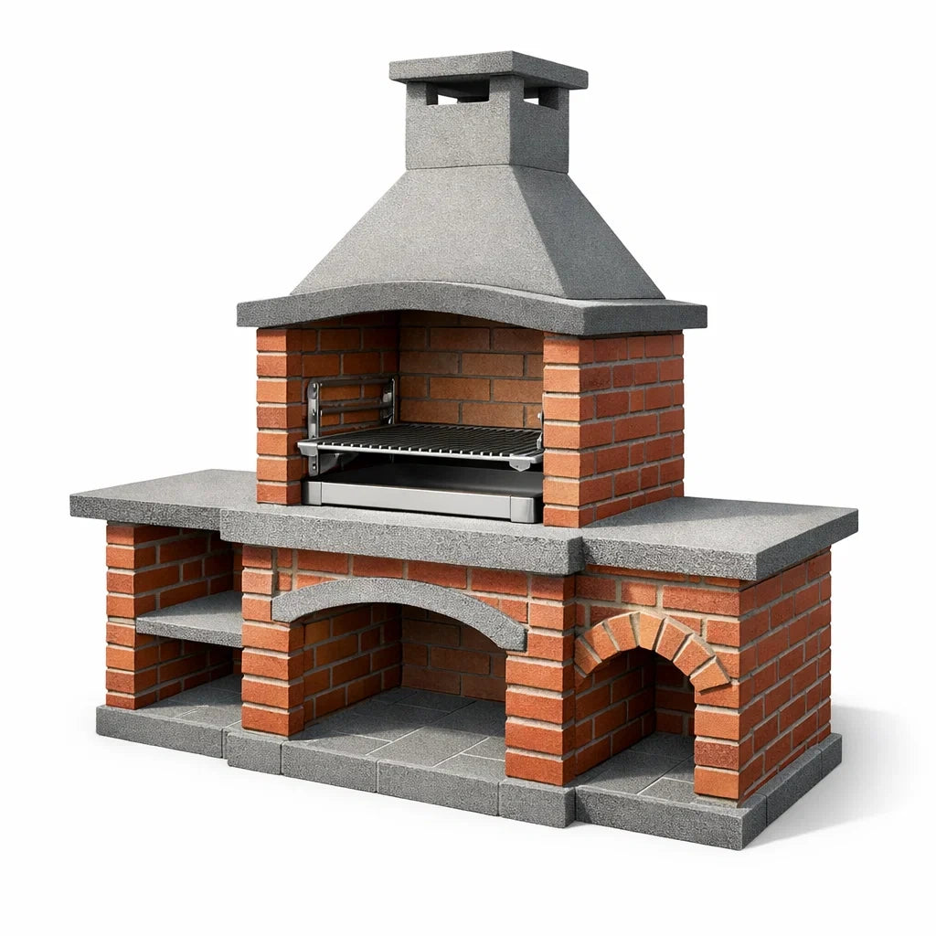 Barbecue en briques et béton avec cheminée et grille en acier inoxydable rouge et gris - 2026