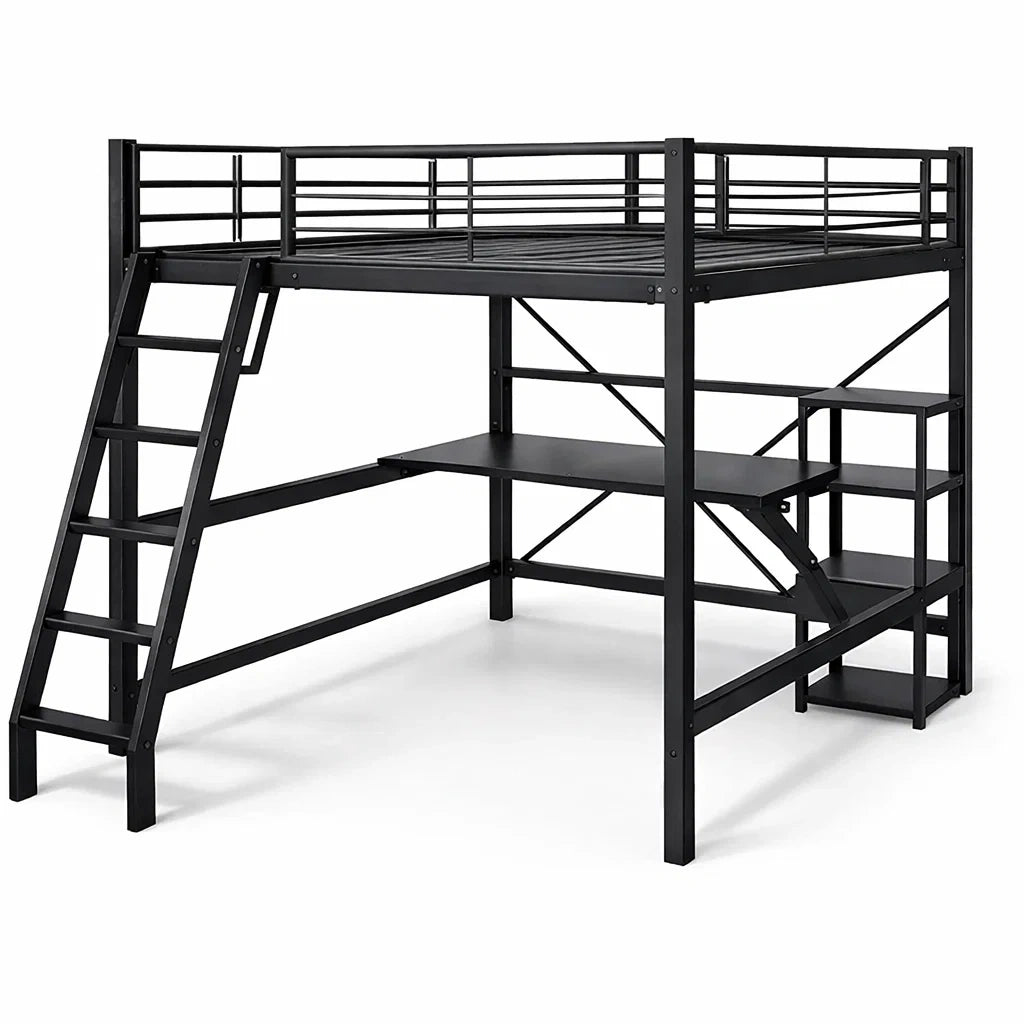 Lit mezzanine en métal noir avec bureau et étagères - 2026