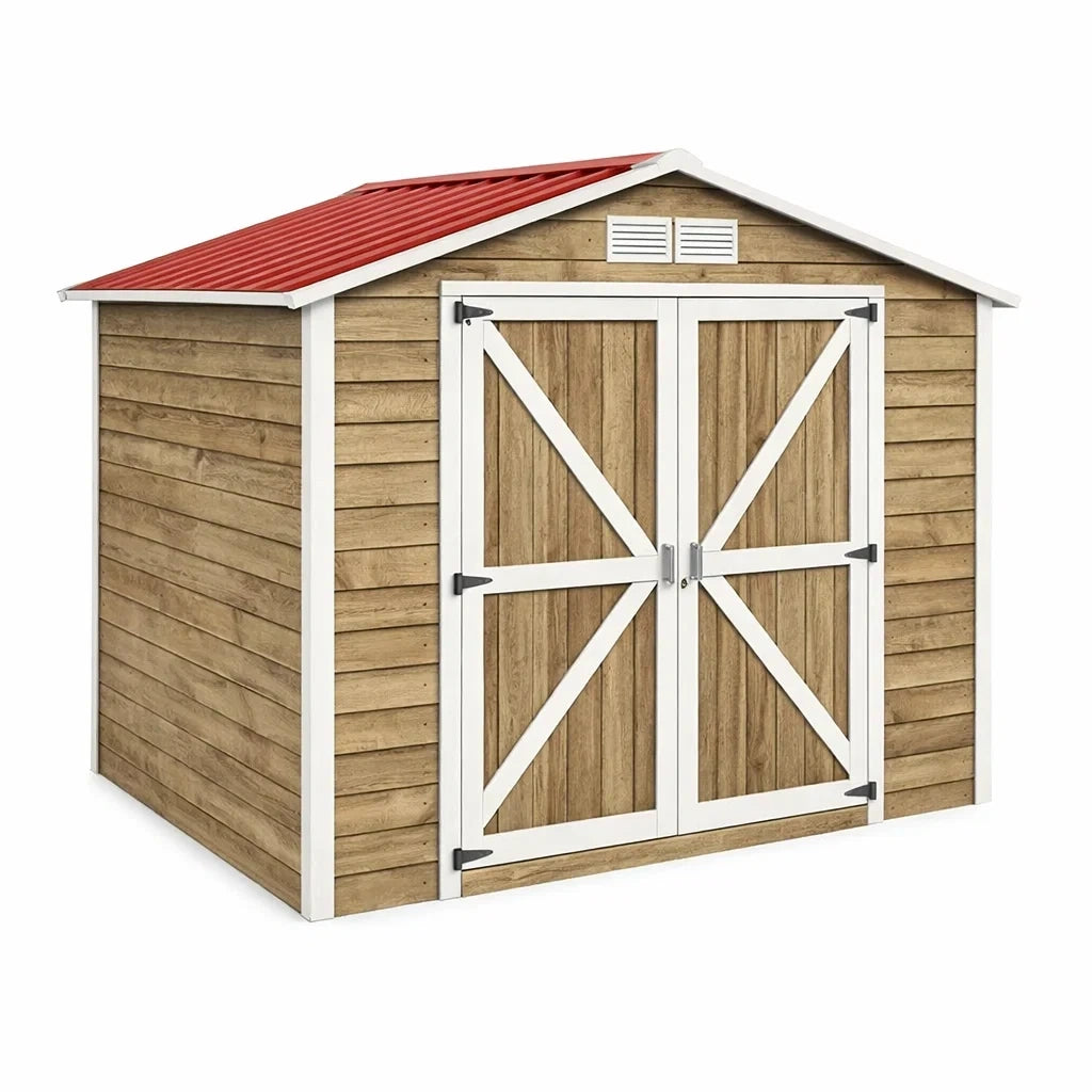 Abri de jardin en bois avec toit en métal rouge - 2026