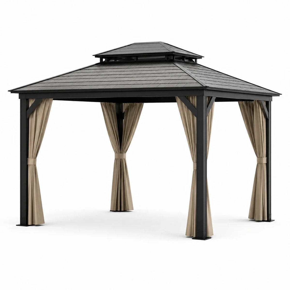 Pavillon en métal avec rideaux en polyester beige 3x4m - 2026