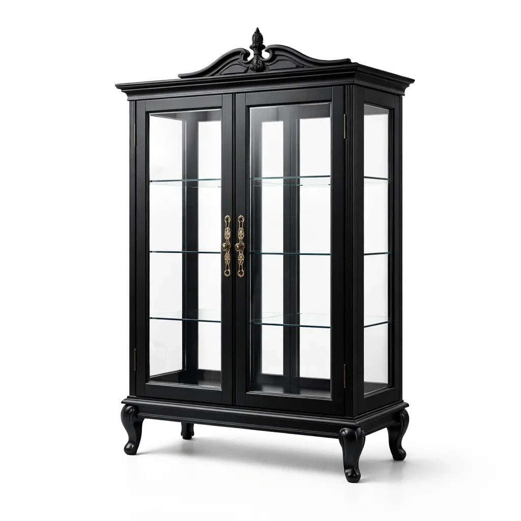 Vitrine en bois noir avec verre trempé et poignées en métal - 2026