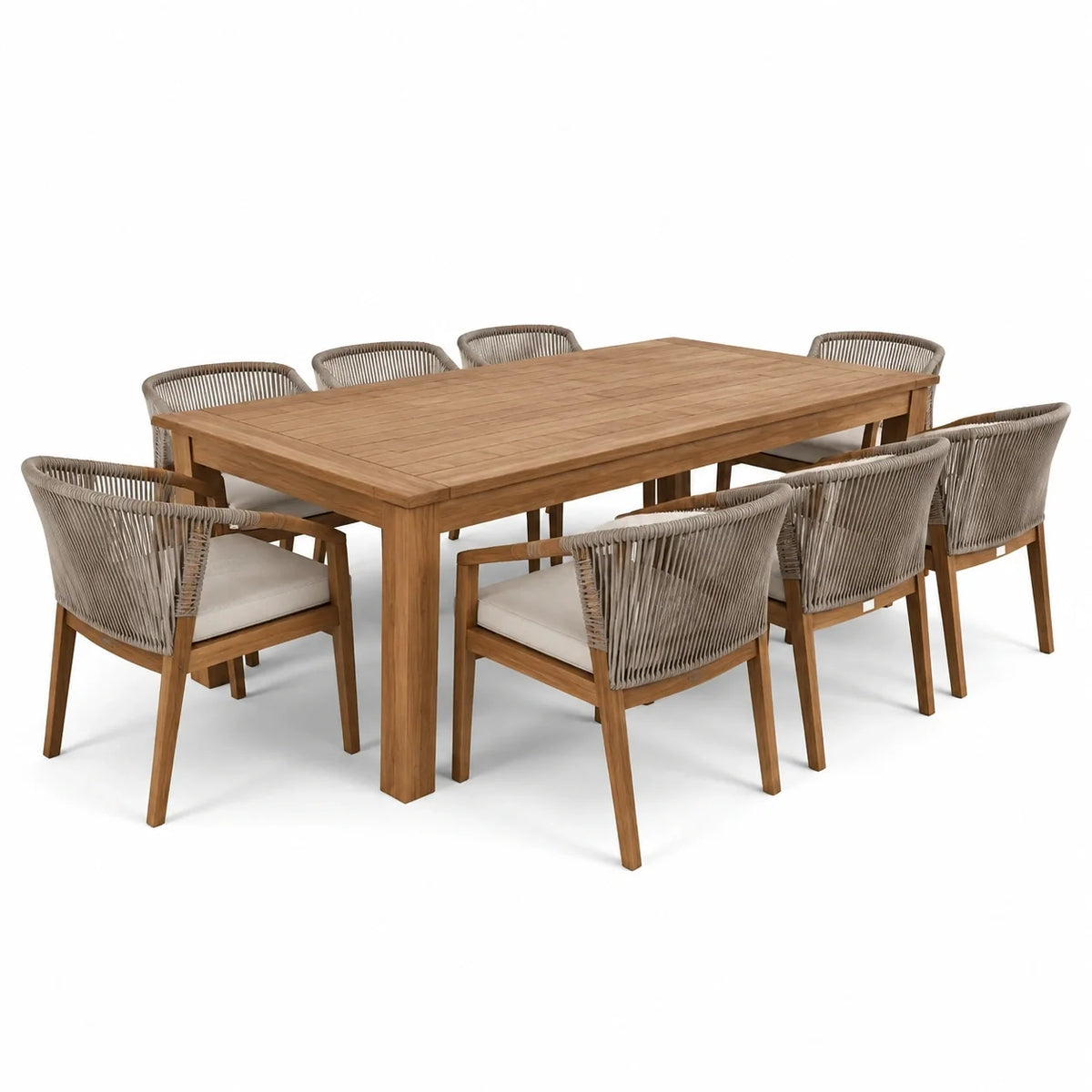 Table et chaises de jardin en teck, corde polyester - marron et gris clair - 2026