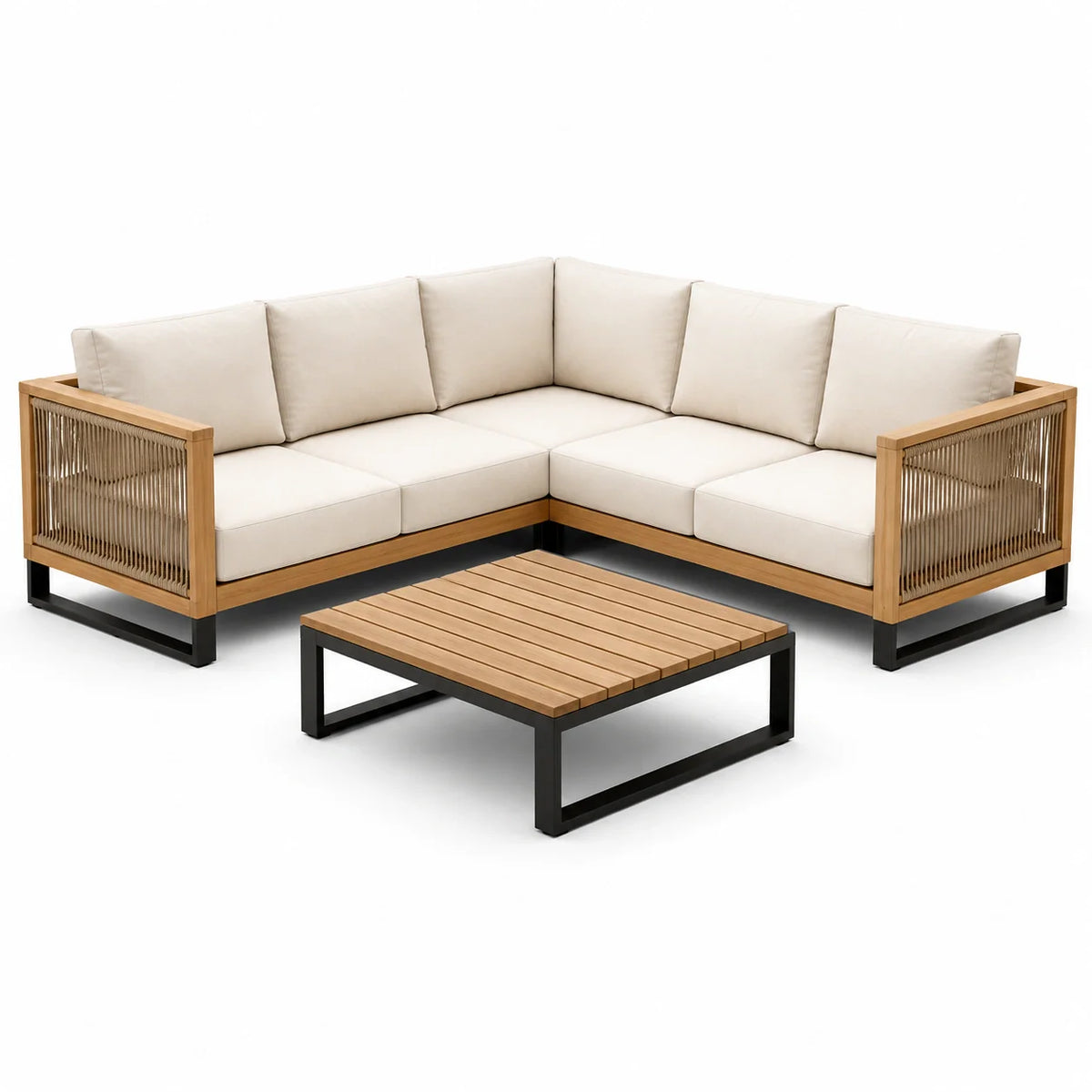 Ensemble de canapé d'angle en bois et métal avec coussins écrus - 2026