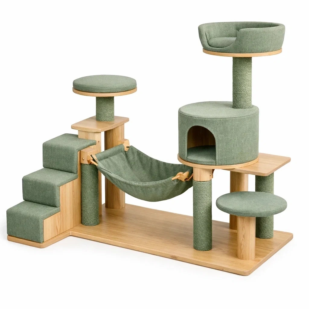 Arbre à chat en bambou avec tissu vert et sisal - 2026
