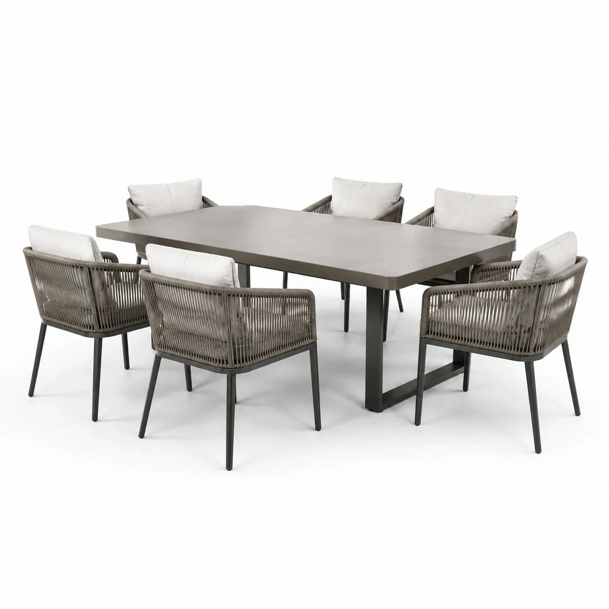 Ensemble de repas de jardin en métal avec plateau en composite et 6 chaises en corde polyester beige - 2026