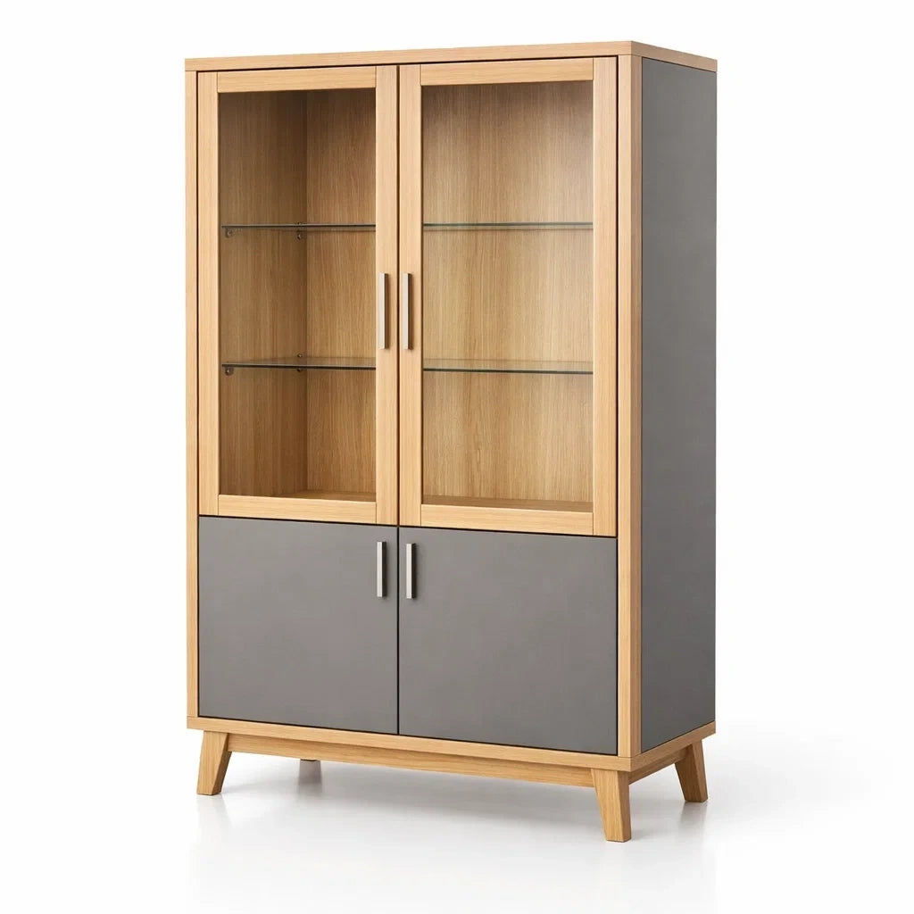 Vitrine en bois clair et gris avec portes en verre trempé - 2026