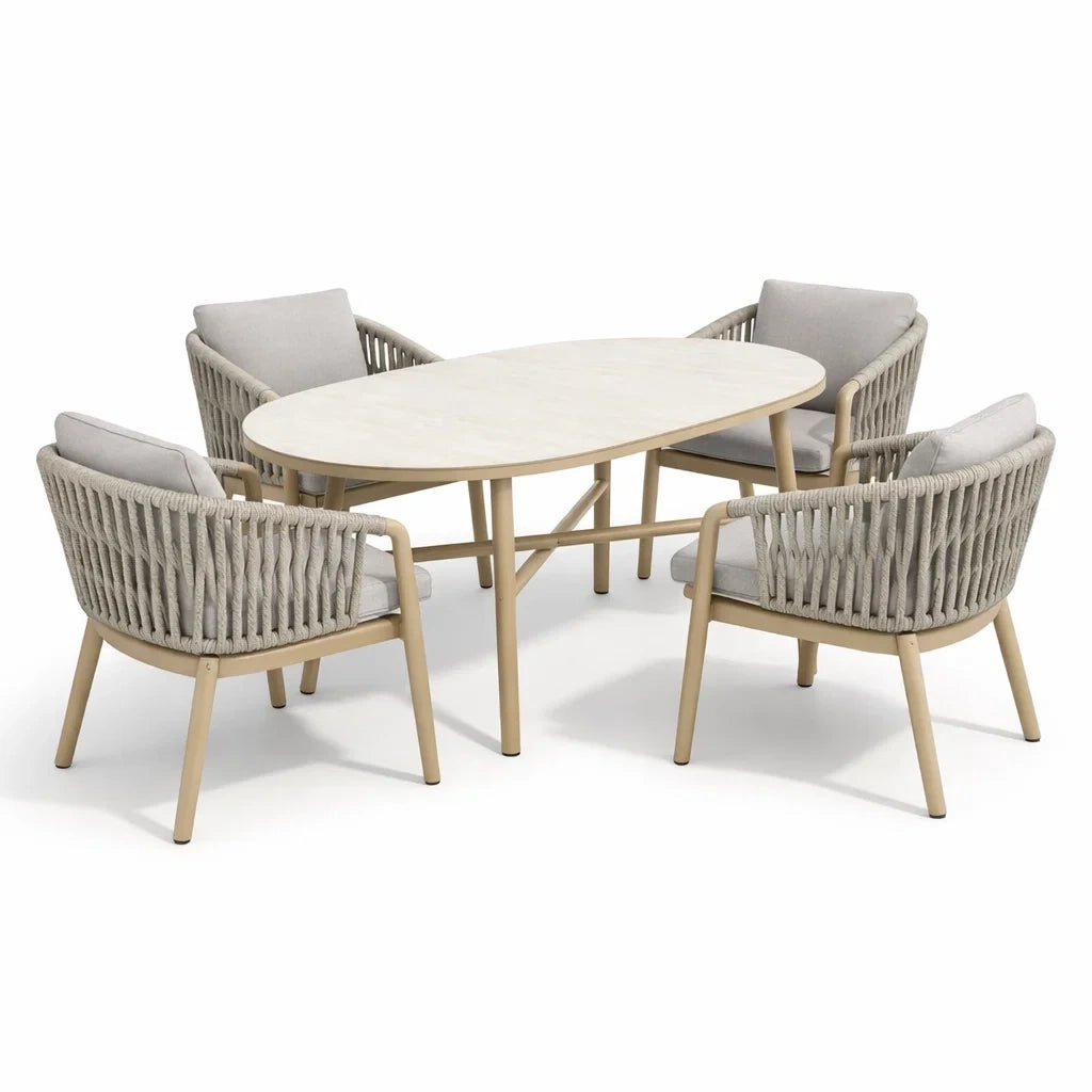 Ensemble table et chaises d'extérieur 5 pièces avec table ovale en pierre et chaises en aluminium avec cordage beige - 2026