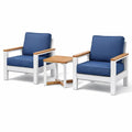 Ensemble de détente trois pièces en aluminium blanc et acacia avec coussins bleus - 2026