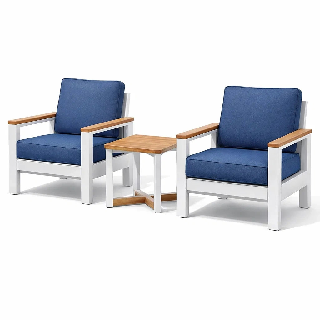 Ensemble de détente trois pièces en aluminium blanc et acacia avec coussins bleus - 2026