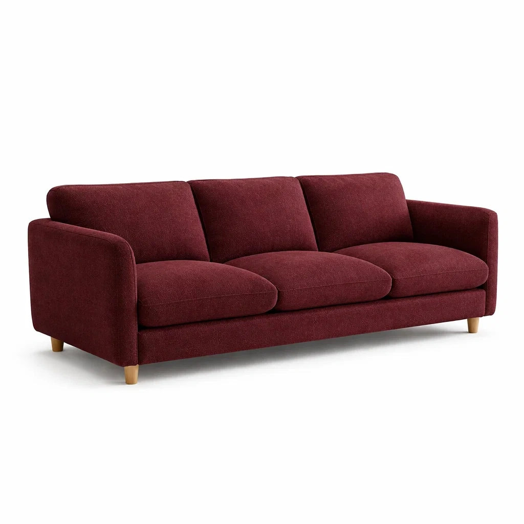 Canapé 3 places en tissu polyester bordeaux avec pieds en bois - 2026