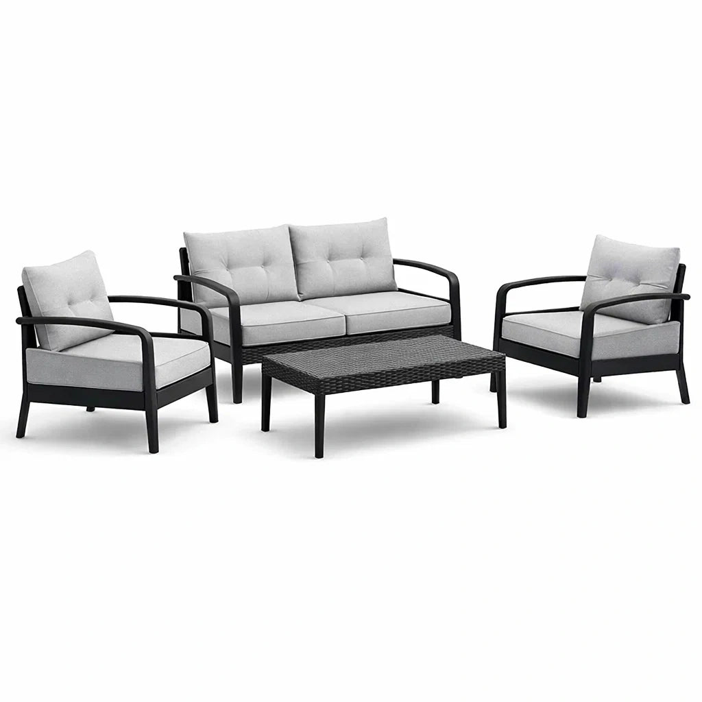 Ensemble de salon en aluminium avec coussins en polyester et table en résine tressée - 2026
