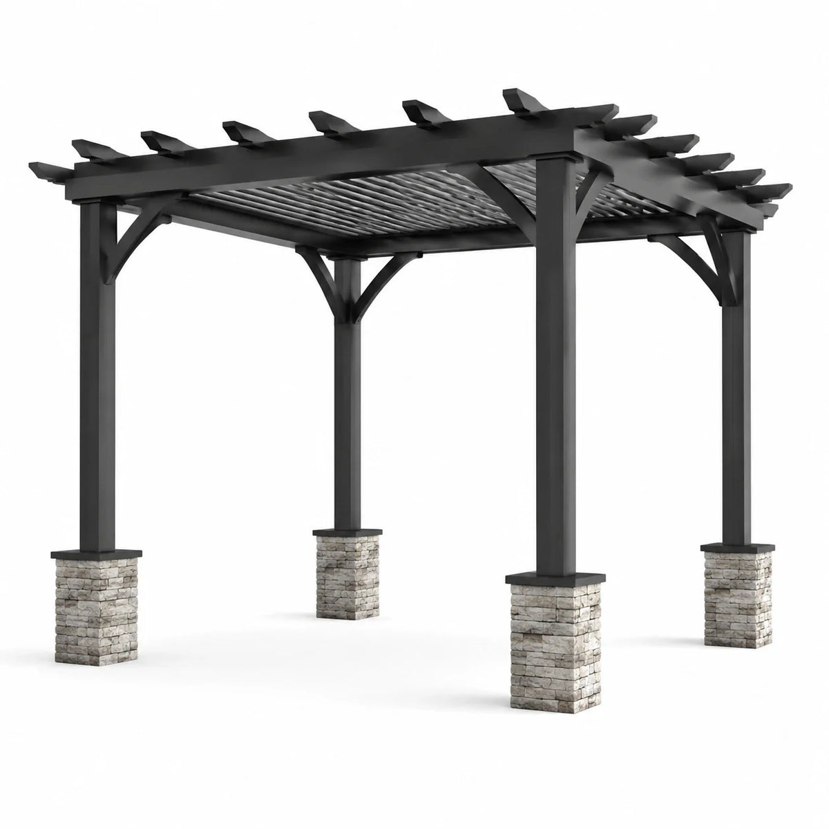 Pergola en aluminium noir avec piliers en pierre - 2026
